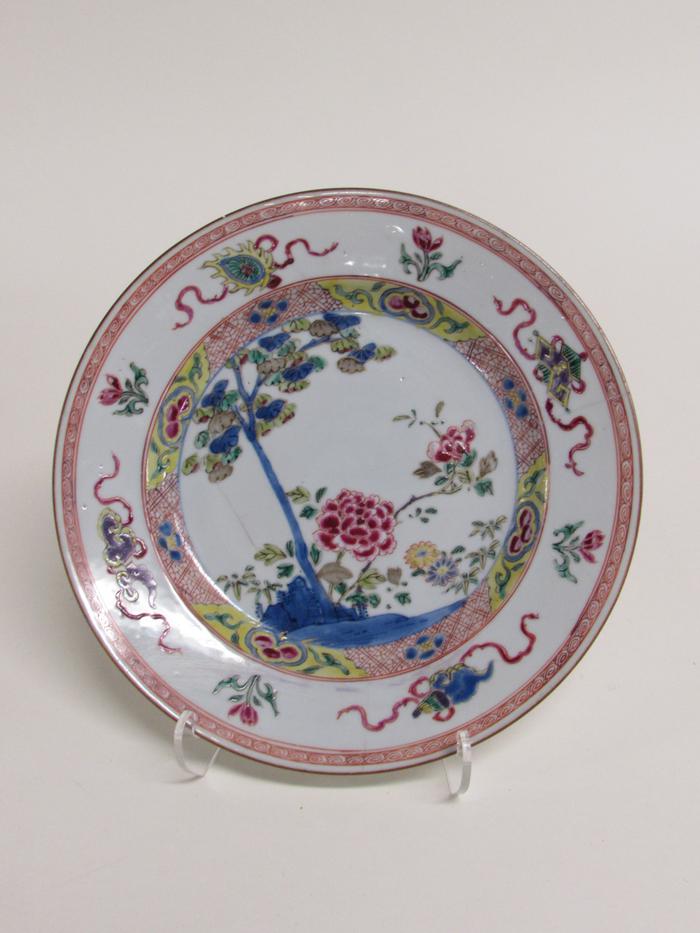 Famille-rose Plate with Peony, Tree and Eight Emblems