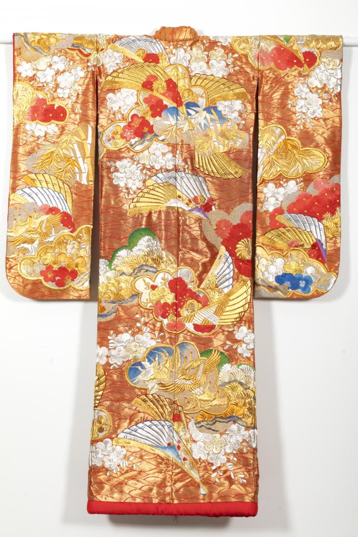 Wedding Kimono with Fans, Cranes, Bamboo, and Flowers
