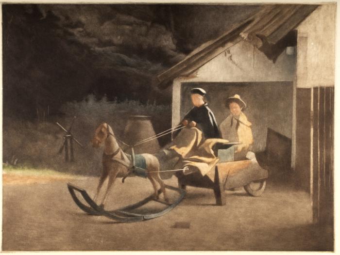 Two Children in Wagon with Rocking Horse