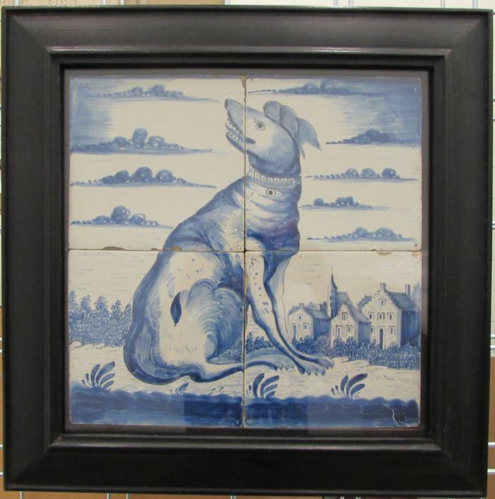 Four Delftware Tiles with Image of a Seated Dog