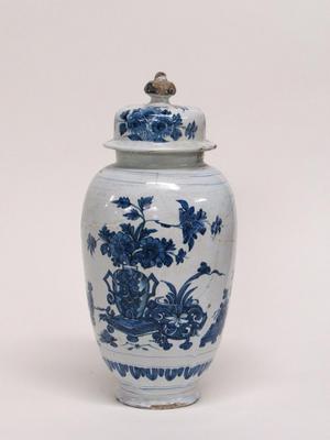 Delftware Covered Jar with Chinese-Style Still Life Design
