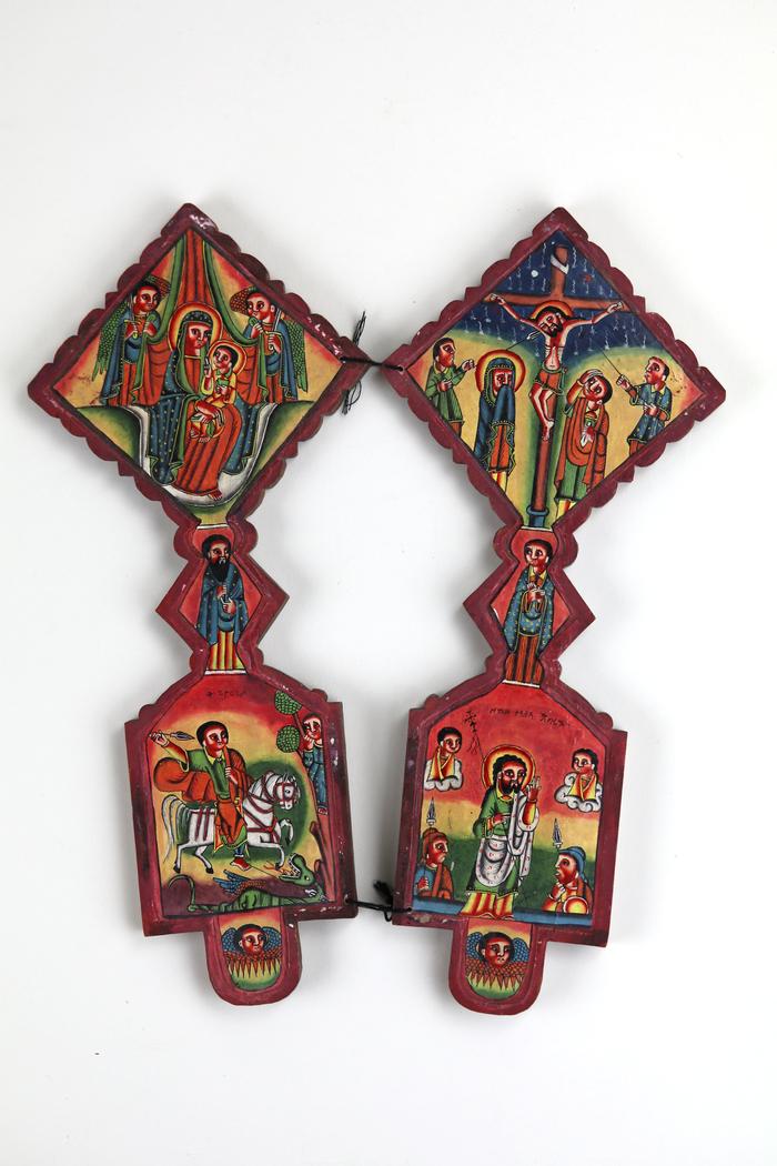 Cross-form Icon with Our Mother Mary and her Beloved Son, Saint George and the Dragon, the Crucifixion, and Resurrection