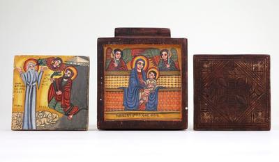 Icon Pendant with Our Beloved Mary and Her Son, St. Gabra Manfas Qeddus and St. Aregawi. 